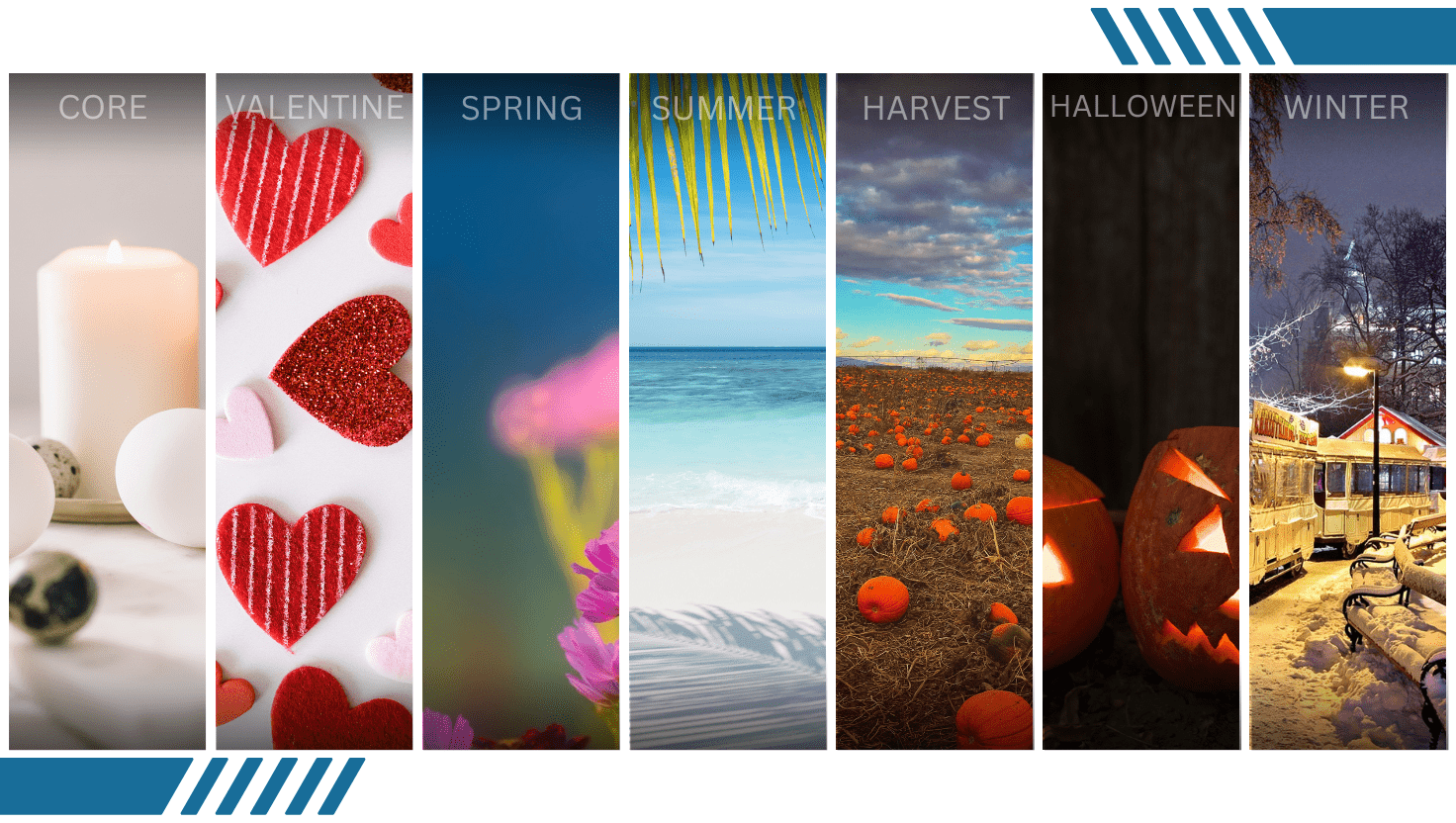 A Picture of candle seasons include Core , valentine ,Spring, Summer, Harvest, Halloween, Winter ( All seasons picture )